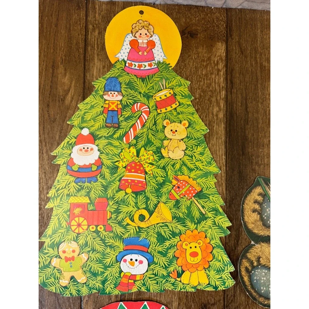 VTG Christmas Paper Cardboard Wall‎ Decorations Die Cut Lot Santa Snowman Teddy